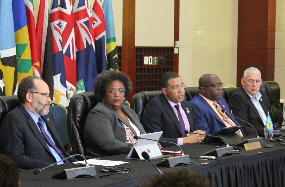 Announcing the major outcomes at the Summit’s Closing Press Conference: (l-r) Secretary-General Ambassador Irwin LaRocque; Barbados Prime Minister Mia Mottley; CARICOM Chairman, Prime Minister Andrew Holness of Jamaica; St Kitts and Nevis Prime Minister Dr Timothy Harris; Saint Lucia’s Prime Minister Allen Chastanet